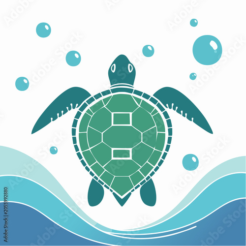Stylized Sea Turtle Swimming with Bubbles and Waves