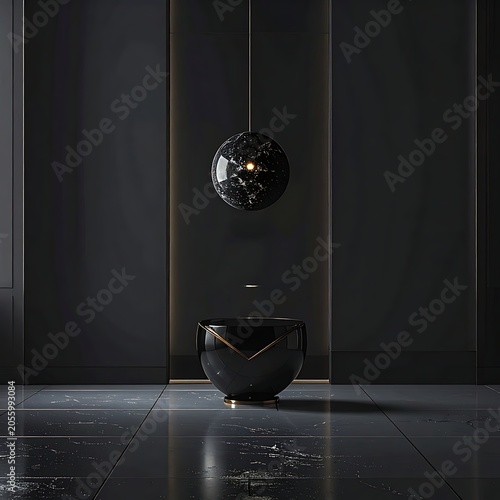 A sleek, modern bathroom interior with dark fixtures