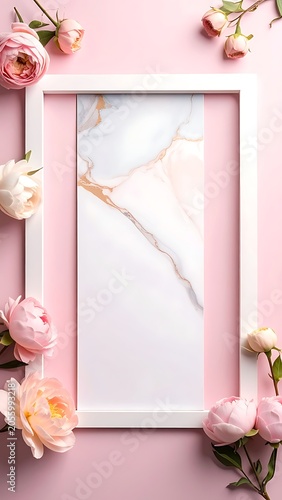A white frame with pink flowers on a pink background