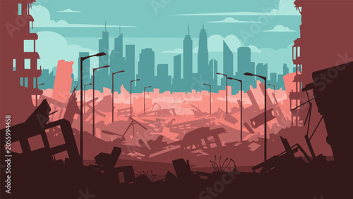 Foto A desolate cityscape lies in ruins with rubble and debris scattered everywhere at dusk
