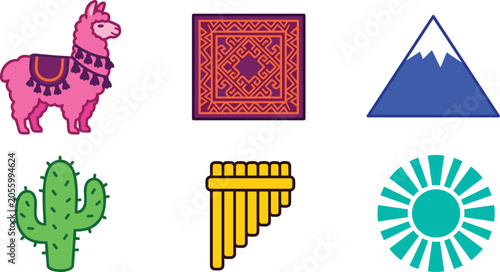 Obraz na płótnie Andean Culture and South American Travel Vector Icon Set with Llama, Ethnic Patt