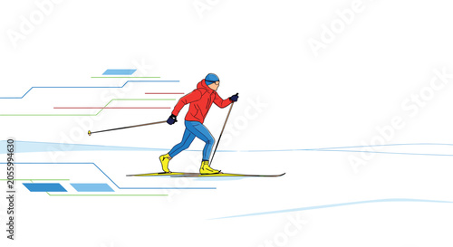 Cross-country skier glides rapidly across a white snowy field with abstract blue and green motion lines behind them.