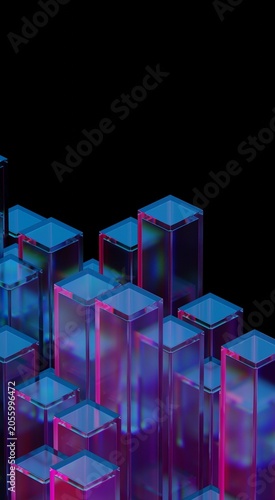 3D abstract minimalist iridescent reflections on glass curved shape, neon light holographic gradient, vertical 3d render