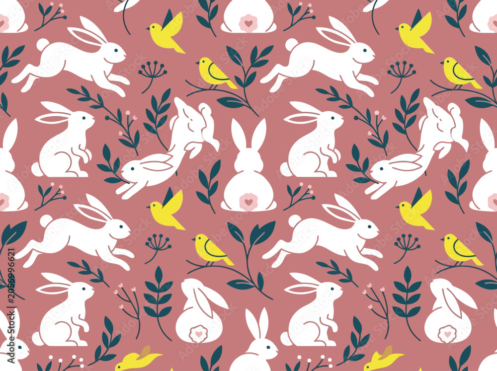 Fototapeta premium Easter seamless pattern with white rabbits, yellow birds, and spring foliage on pink background