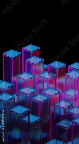 Neon light holographic gradient, 3D abstract minimalist iridescent reflections on a glass geometric structure shape, vertical 3d render