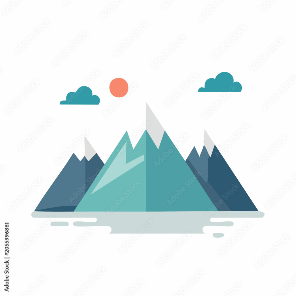 Obraz premium Flat Design Mountain Landscape with Sun and Clouds