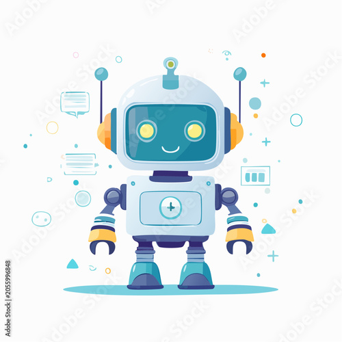Cute Robot Character with Chat Bubbles and Icons