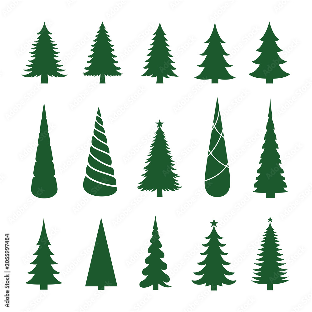 Fototapeta premium Various green christmas trees on white background