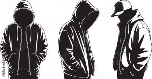 Set of silhouettes of men in hoodies and a cap, vector illustration of mysterious characters in casual streetwear with hands in pockets