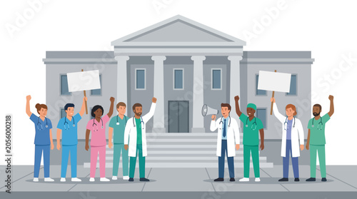 Medical staff protesting outside hospital building with signs