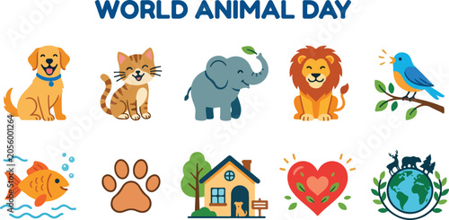 Canvas Print World animal day icon set with domestic and wild animals