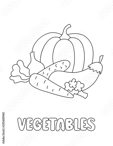 Letter V. Vegetables. Learning ABC coloring page for kids. Black and white hand drawn vector illustration for children. Cute outline drawing and text for coloring. Preschool, kindergarten activity