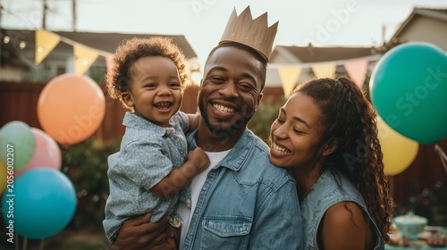 Joyful Father's Day backyard party with smiling dad, toddler, mom, balloons, and warm family love