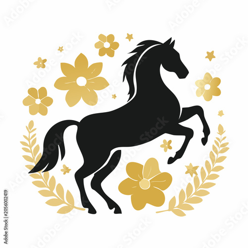 Black horse silhouette with golden flowers and leaves