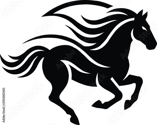 Black silhouette of a galloping horse with flowing mane and tail white running