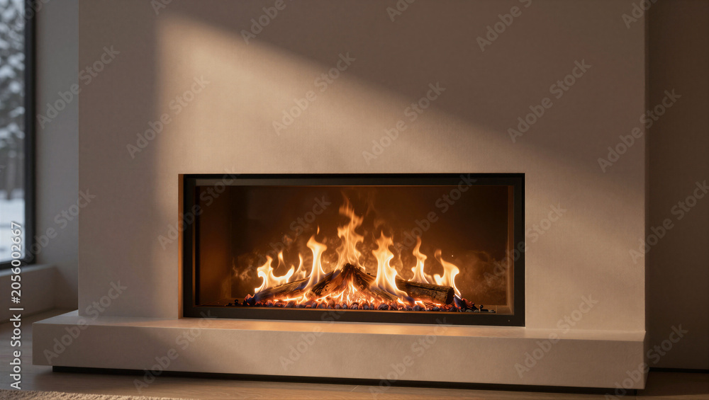 Fototapeta premium Modern fireplace glows warmly inside minimalist room. Sunlight casts soft shadows on smooth concrete walls. Fires flicker with realistic warmth and movement. Cozy ambiance invites relaxation
