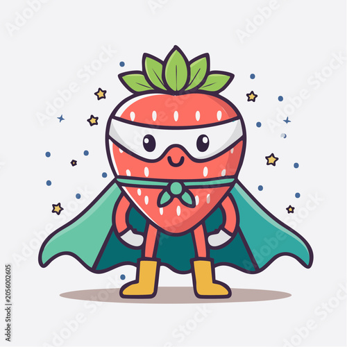Cute Strawberry Superhero Cartoon Character