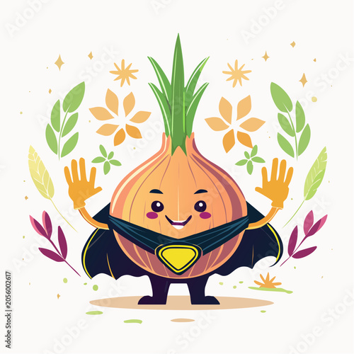 Cute Superhero Onion Character Waving