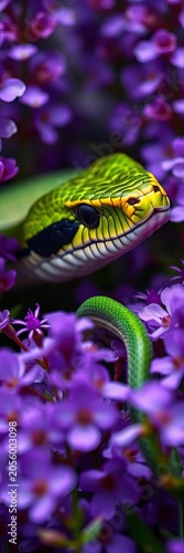 Snake's head surrounded by purple flowers with a green snake in the foreground, Wildlife, Macro