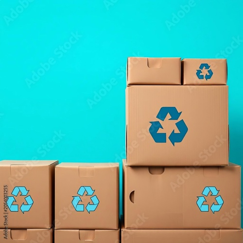 Stacked cardboard boxes with recycle symbols awaiting sorting, boxes, storage