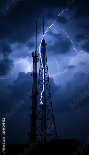 Tower silhouette against stormy sky, lightning illuminates broadcasting signal, architecture, energy