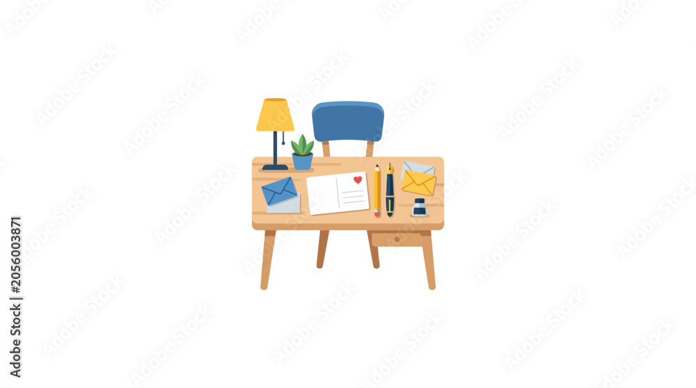 Fototapeta premium Cozy Desk Setup: Lamp, Chair, Postcard, Pens, and Potted Plant