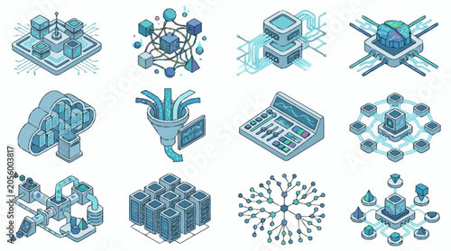 Collection of isometric icons representing data processing, cloud computing, and network connections with a futuristic blue aesthetic.