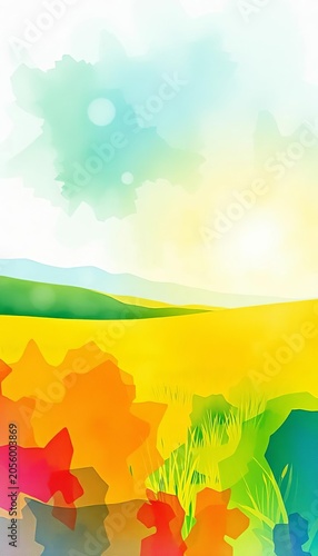 Watercolor background with green field and sun, landscape, sunny