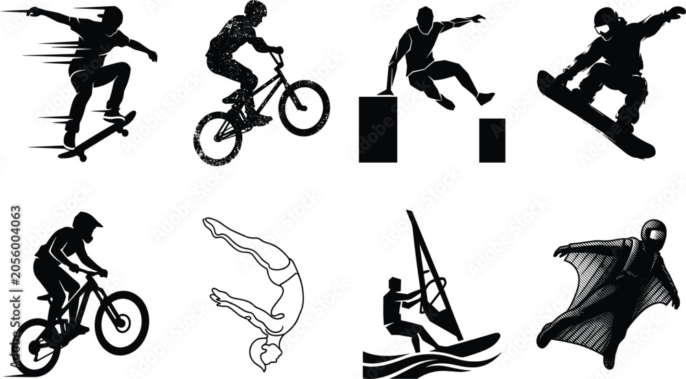 Naklejka premium Vector silhouette icon set of extreme sports athletes outdoor activities and high adrenaline action disciplines isolated on white background