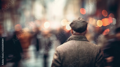 Man walking in city street with crowd