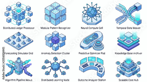 Obraz na płótnie Collection of Futuristic Technology Icons Representing Advanced Data Processing and AI Concepts