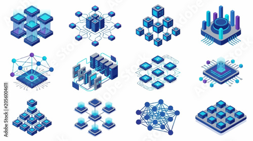 Canvastavla Collection of abstract isometric digital network and data processing icons