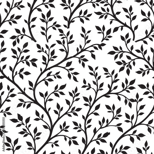 Black Leaf Silhouette Pattern with Seamless Floral Vine Botanical Motif for Traditional Fabric Decor