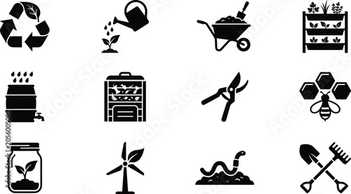 Tableau sur toile Gardening tools and urban agriculture solid black icon set vector with compostin