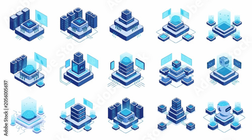 Collection of isometric futuristic server racks and data storage units with glowing blue interfaces.