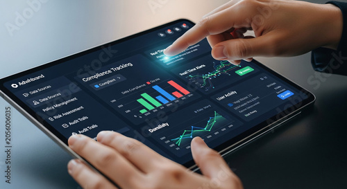 Person Interacting with a Digital Tablet Displaying a Data Compliance and Tracking Dashboard