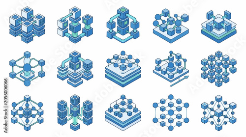 Set of abstract isometric icons representing data structures, networks, and algorithms with blue and white color scheme.