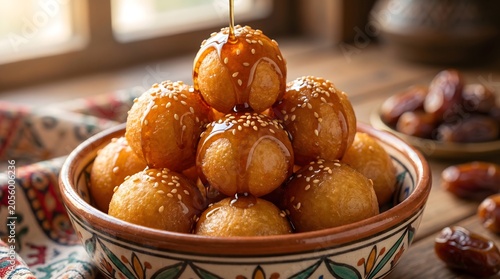 Traditional luqaimat sweet dumplings with sesame seeds and date syrup drizzle in ceramic bowl