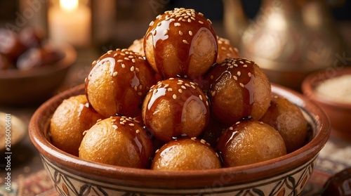 Traditional sweet Luqaimat dumplings with syrup and sesame seeds in a bowl