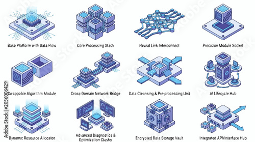 Collection of isometric illustrations representing various data processing and technology concepts, including AI, data flow, and network architecture.