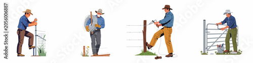 Fotografija Illustrations of ranch workers installing fence posts, carrying wire, tensioning fences, and fixing gates on a white background