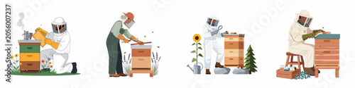 Photography Set of flat vector illustrations depicting diverse beekeepers in protective suits managing beehives, harvesting honey, and maintaining an apiary