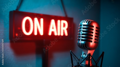 On air broadcast concept with microphone and illuminated radio studio sign