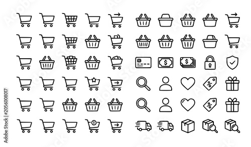 Konstfotografi Minimal online shopping cart vector set with e-commerce outline icons