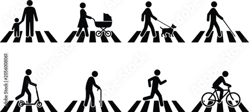 Pedestrian zebra crosswalk and road safety stick figure vector icon set with citizens crossing street isolated on white background
