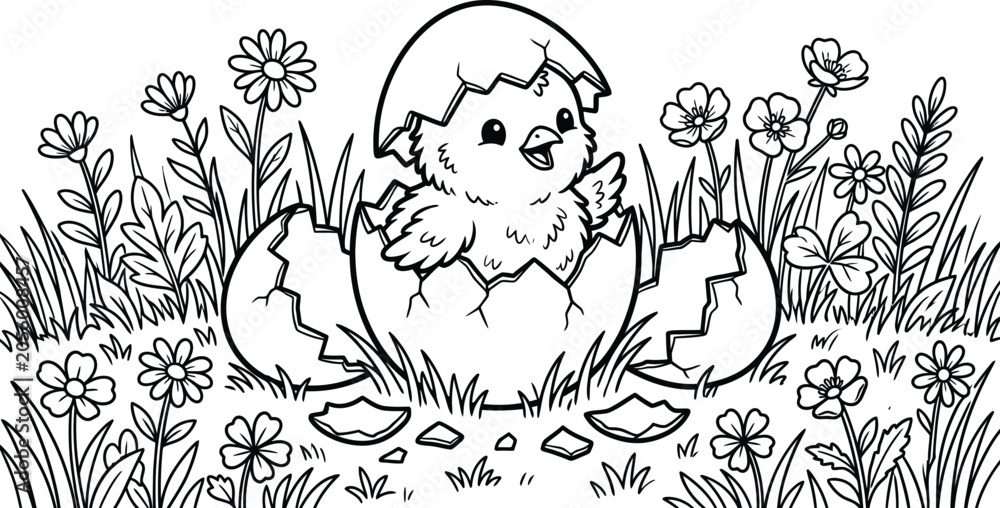 Fototapeta premium Baby chick hatching from egg coloring page with flowers grass and springtime details