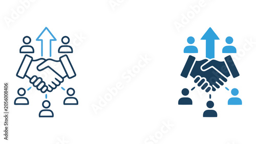 Strategic business partnership and team growth icon with handshake and upward arrow as vector graphic for successful corporate cooperation and professional development success