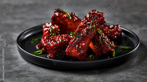 Fusion style spicy gochujang glazed pork ribs with sesame seeds and scallions