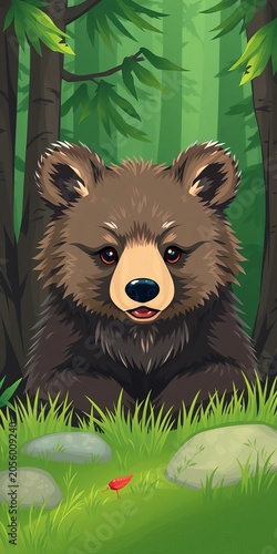 Bear cub vector drawing with fluffy fur and green forest background, forest, hibernation
