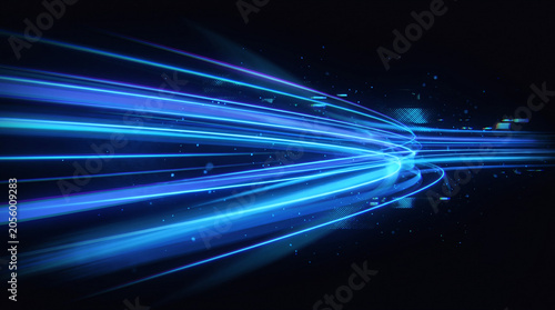 A dynamic high-speed motion blur composition of brilliant neon blue speed lines streaking horizontally across a pure solid black background